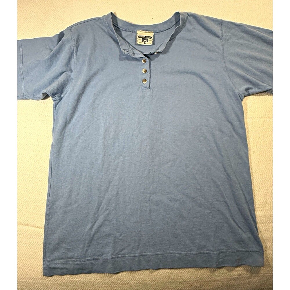 Lee Premium Jersey Henley T-Shirt Mens L Blue Solid Cotton Jersey Short Sleeve